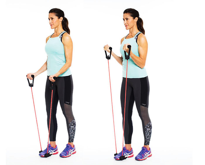 biceps curl med gummiband.