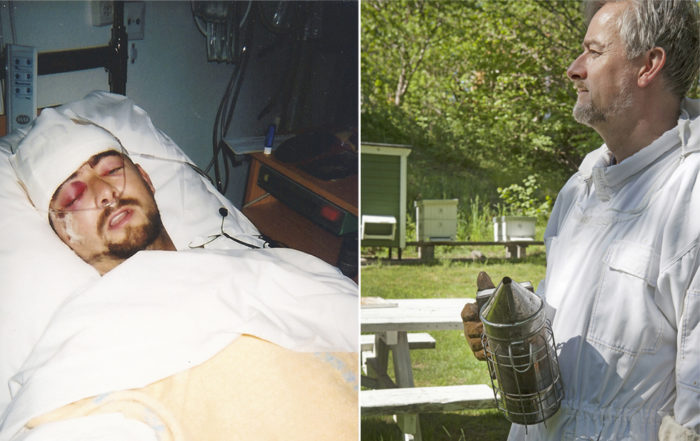Joachim på sjukhus och i biodlardräkt